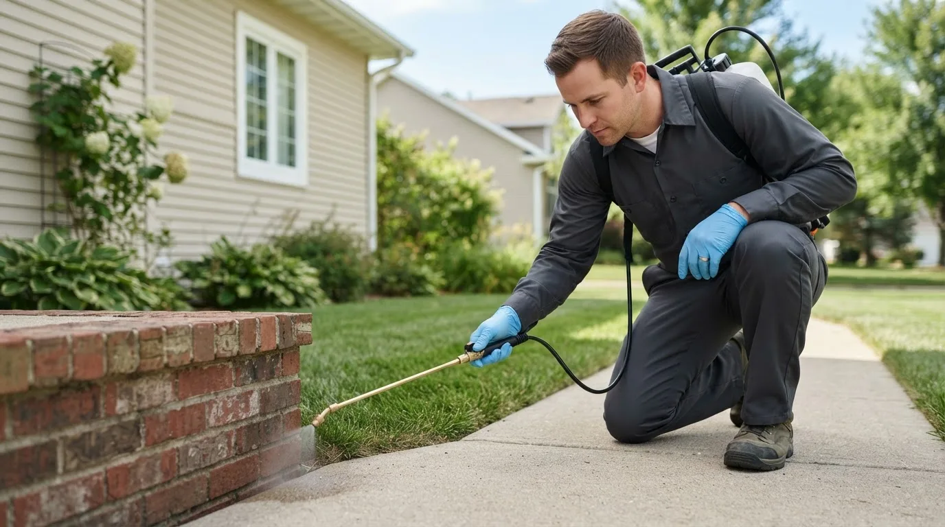 Pest control technician treating a home near Hillsdale, IN